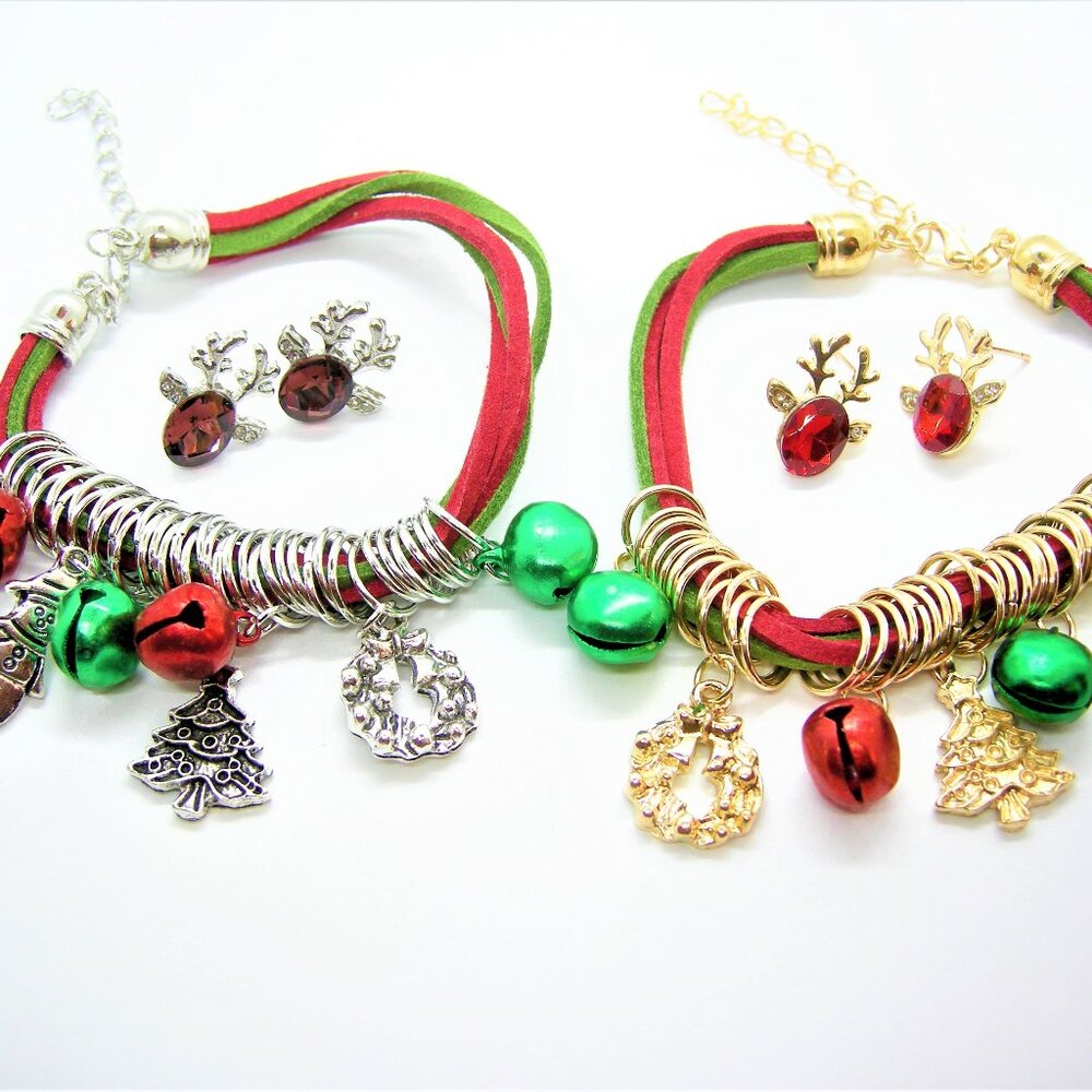 Christmas Custom Charm Bracelet and Deer Antler Stud Earrings Gift Set